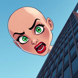A beautiful bald cartoon woman with striking green eyes and vibrant red lips, depicting a look of fear as she falls off a skyscraper
