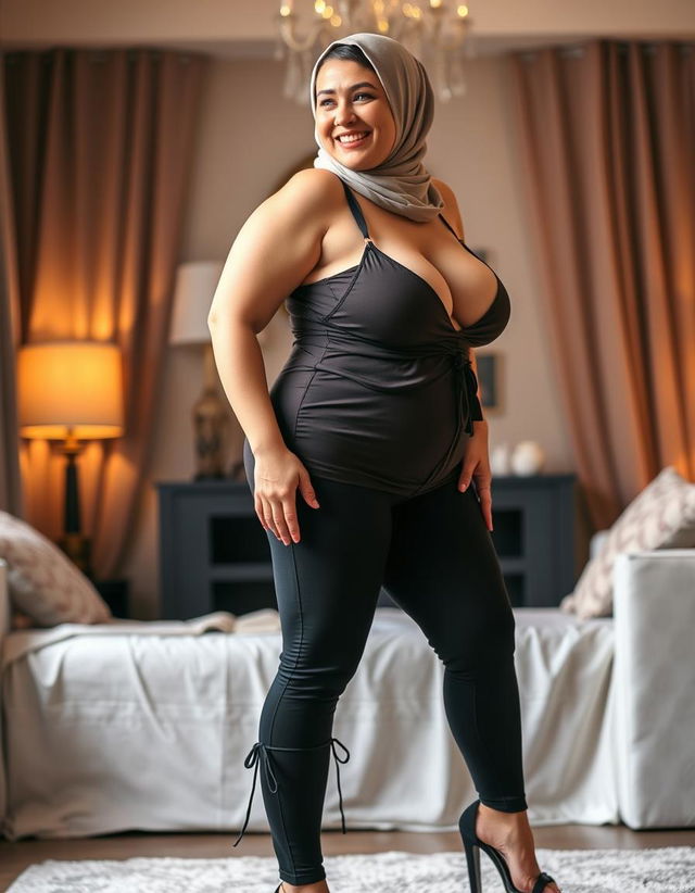 A cheerful and captivating image of a 50-year-old European woman with fair white skin and a voluptuous busty physique