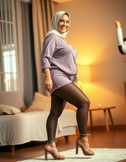 A cheerful and captivating image of a 50-year-old European woman with fair white skin and a voluptuous busty physique