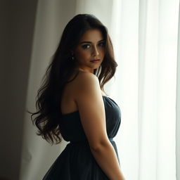 A full-body portrait of a woman with dark hair and brown eyes