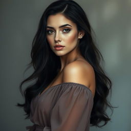 A full-body portrait of a woman with dark hair and brown eyes