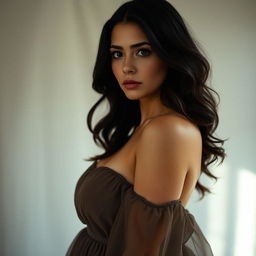 A full-body portrait of a woman with dark hair and brown eyes