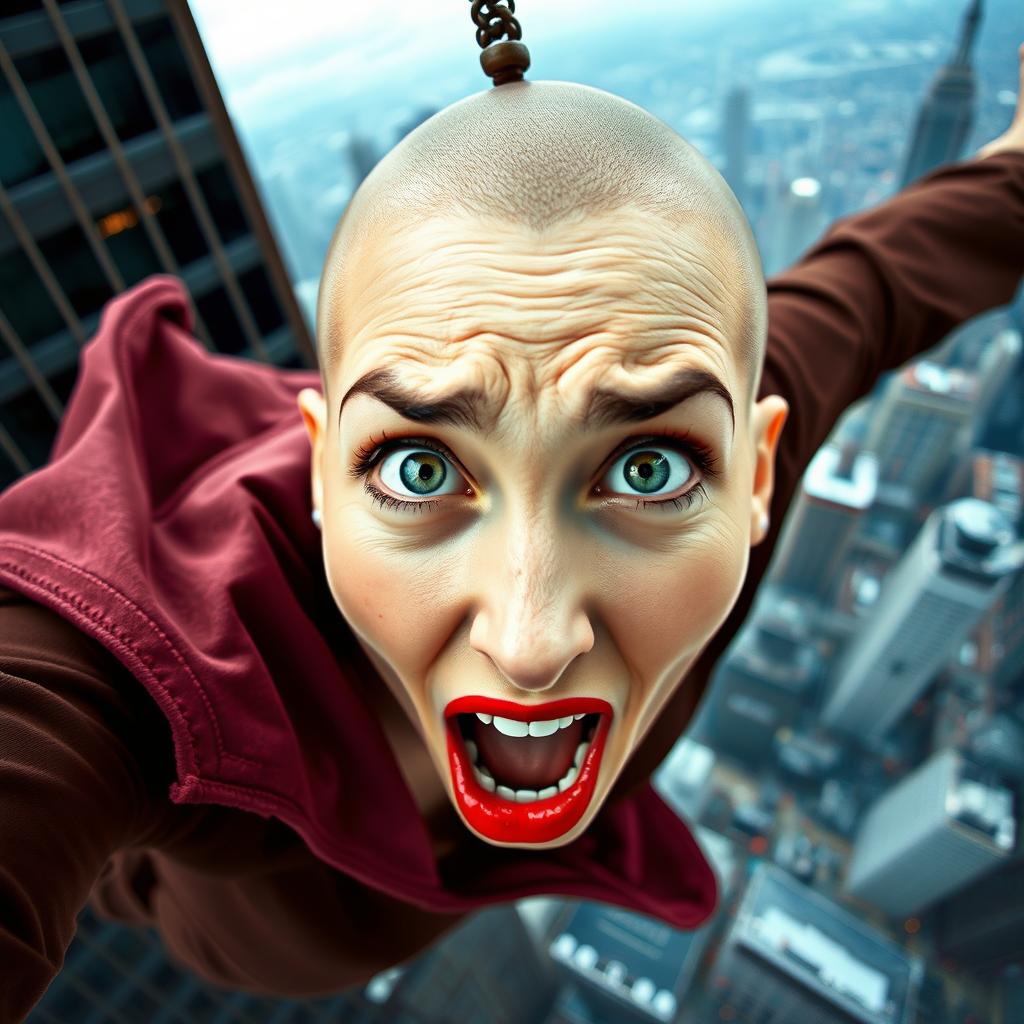 A beautiful bald woman with striking green eyes and vibrant red lips is depicted as she falls from a skyscraper, her expression filled with fear and surprise