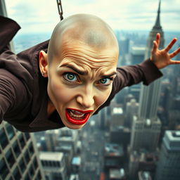 A beautiful bald woman with striking green eyes and vibrant red lips is depicted as she falls from a skyscraper, her expression filled with fear and surprise