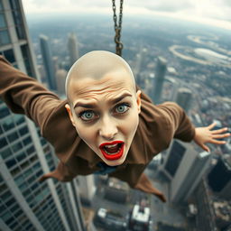 A beautiful bald woman with striking green eyes and vibrant red lips is depicted as she falls from a skyscraper, her expression filled with fear and surprise