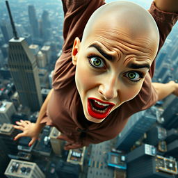 A beautiful bald woman with striking green eyes and vibrant red lips is depicted as she falls from a skyscraper, her expression filled with fear and surprise