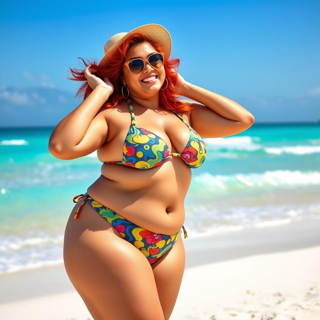 A confident plus-sized woman joyfully wearing a bikini, showcasing her body with pride