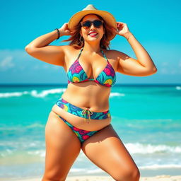 A confident plus-sized woman joyfully wearing a bikini, showcasing her body with pride