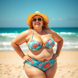 A confident plus-sized woman joyfully wearing a bikini, showcasing her body with pride