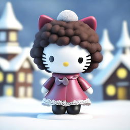 A high-quality 3D render of a Hello Kitty figure with brown skin and an afro