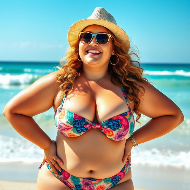 A confident plus-sized woman joyfully wearing a bikini, showcasing her body with pride
