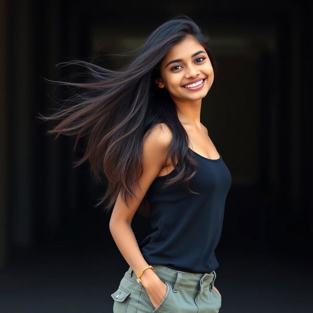 A beautiful 21-year-old Indian girl with long, flowing hair and a warm, smiling face, showcasing her beautiful eyes