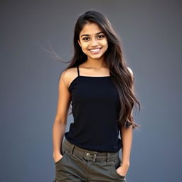 A beautiful 21-year-old Indian girl with long, flowing hair and a warm, smiling face, showcasing her beautiful eyes