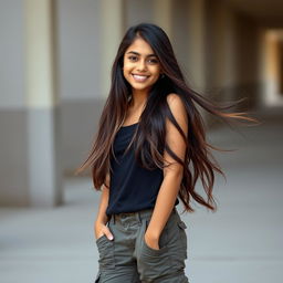 A beautiful 21-year-old Indian girl with long, flowing hair and a warm, smiling face, showcasing her beautiful eyes