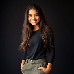 A beautiful 21-year-old Indian girl with long, flowing hair and a warm, smiling face, showcasing her beautiful eyes