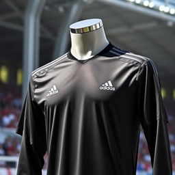 A sleek black Adidas football jersey featuring the classic three-stripe design on the shoulders, made from lightweight, moisture-wicking fabric