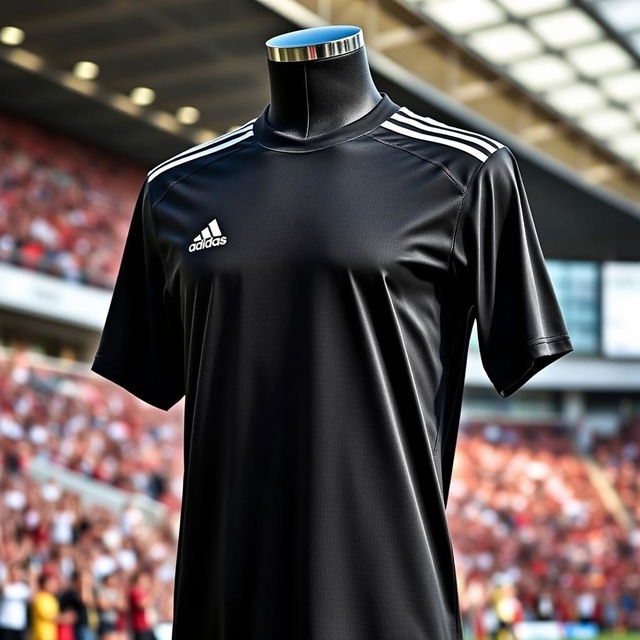 A sleek black Adidas football jersey featuring the classic three-stripe design on the shoulders, made from lightweight, moisture-wicking fabric