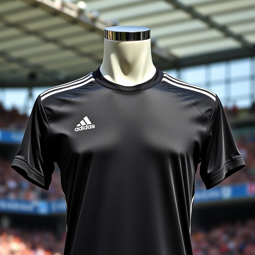 A sleek black Adidas football jersey featuring the classic three-stripe design on the shoulders, made from lightweight, moisture-wicking fabric