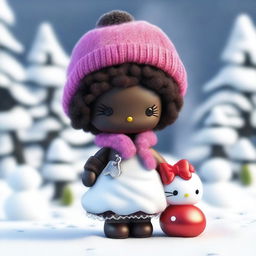 A high-quality 3D render of a Hello Kitty figure with brown skin and an afro