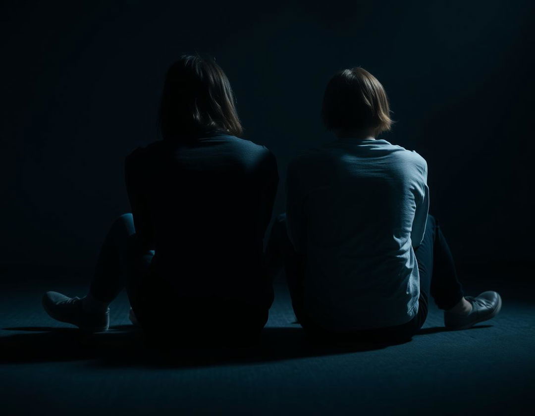 A side view of two people sitting on the floor with their backs to each other, creating a palpable sense of distance and isolation