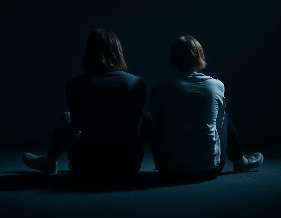 A side view of two people sitting on the floor with their backs to each other, creating a palpable sense of distance and isolation