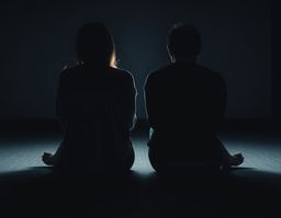 A side view of two people sitting on the floor with their backs to each other, creating a palpable sense of distance and isolation