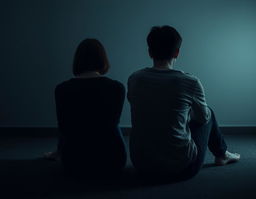 A side view of two people sitting on the floor with their backs to each other, creating a palpable sense of distance and isolation