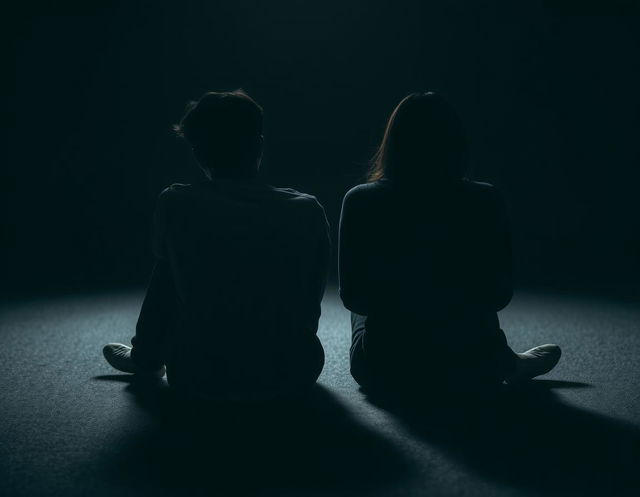 A side view of two people sitting on the floor with their backs to each other, creating a palpable sense of distance and isolation