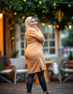 A vibrant and engaging image of a 50-year-old European woman with fair white skin, showcasing her curvy and busty physique