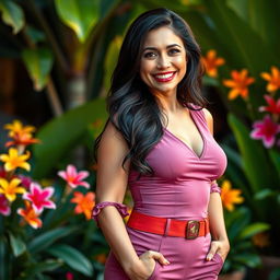 A full-body portrait of an attractive 45-year-old Colombian woman standing confidently