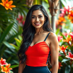 A full-body portrait of an attractive 45-year-old Colombian woman standing confidently