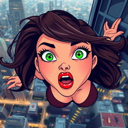 A beautiful cartoon woman with vibrant green eyes and striking red lips, caught mid-fall from a skyscraper
