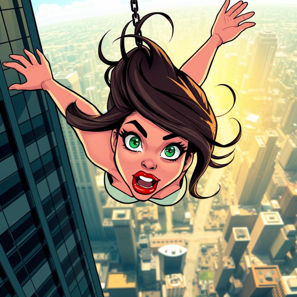 A beautiful cartoon woman with vibrant green eyes and striking red lips, caught mid-fall from a skyscraper