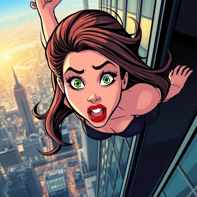 A beautiful cartoon woman with vibrant green eyes and striking red lips, caught mid-fall from a skyscraper