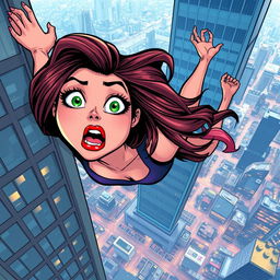 A beautiful cartoon woman with vibrant green eyes and striking red lips, caught mid-fall from a skyscraper