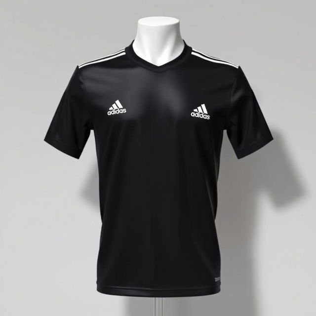 A minimalistic black Adidas football jersey designed for athletes, featuring the iconic three stripes in white along the shoulders