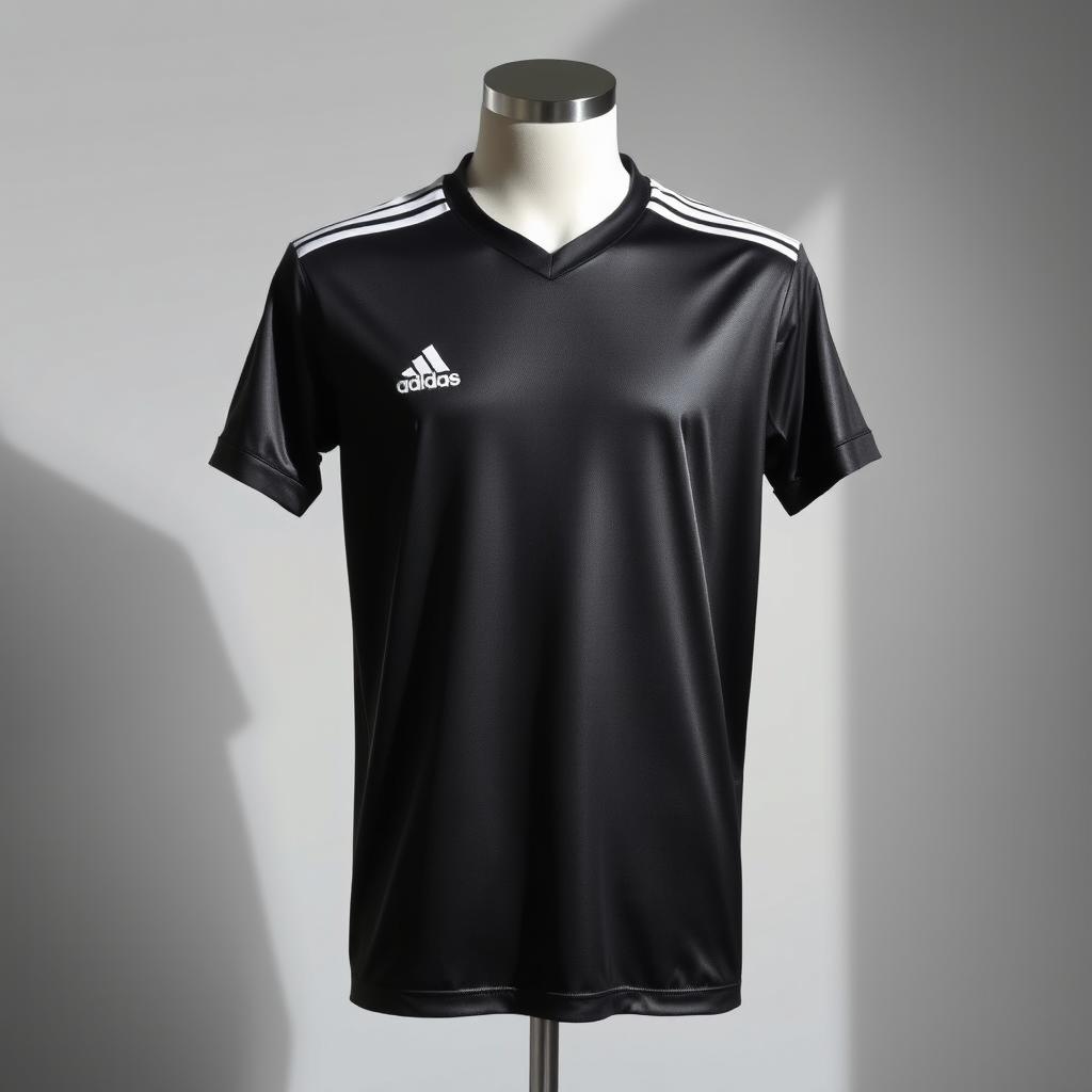 A minimalistic black Adidas football jersey designed for athletes, featuring the iconic three stripes in white along the shoulders