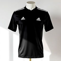 A minimalistic black Adidas football jersey designed for athletes, featuring the iconic three stripes in white along the shoulders