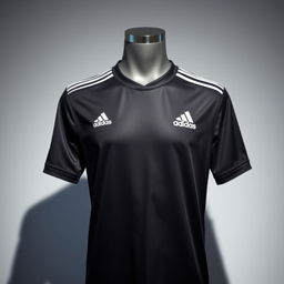 A minimalistic black Adidas football jersey designed for athletes, featuring the iconic three stripes in white along the shoulders