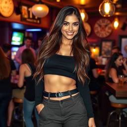 A beautiful woman with long, flowing hair and a bright, smiling face, showcasing her striking eyes