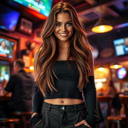 A beautiful woman with long, flowing hair and a bright, smiling face, showcasing her striking eyes