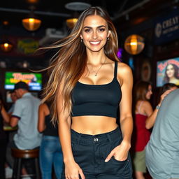 A beautiful woman with long, flowing hair and a bright, smiling face, showcasing her striking eyes