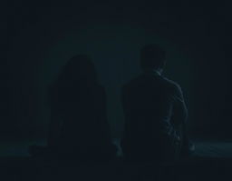 A side view of two people sitting on the floor, each with their back turned to the other, emphasizing their emotional distance