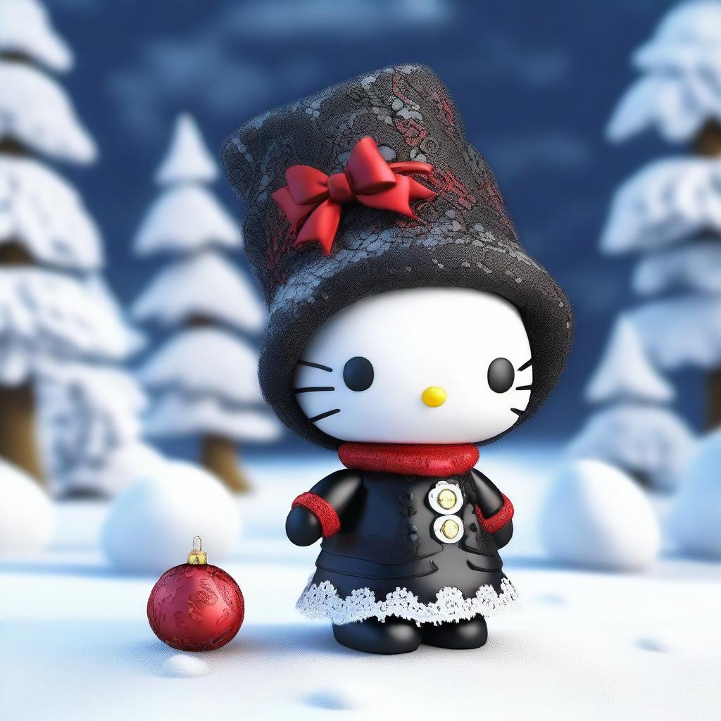 A top-quality 3D render of a Hello Kitty doll, situated in a snowy environment