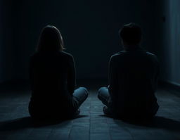 A side view of two people sitting on the floor, each with their back turned to the other, emphasizing their emotional distance