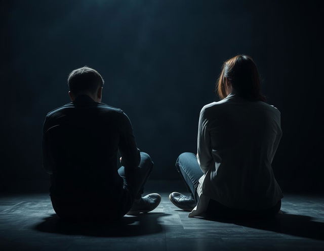 A side view of two people sitting on the floor, each with their back turned to the other, emphasizing their emotional distance