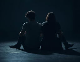 A side view of two people sitting on the floor, each with their back turned to the other, emphasizing their emotional distance