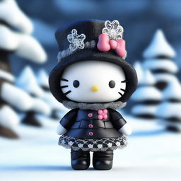 A top-quality 3D render of a Hello Kitty doll, situated in a snowy environment