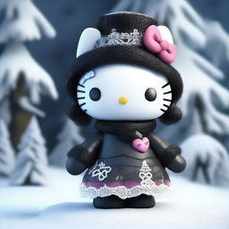 A top-quality 3D render of a Hello Kitty doll, situated in a snowy environment