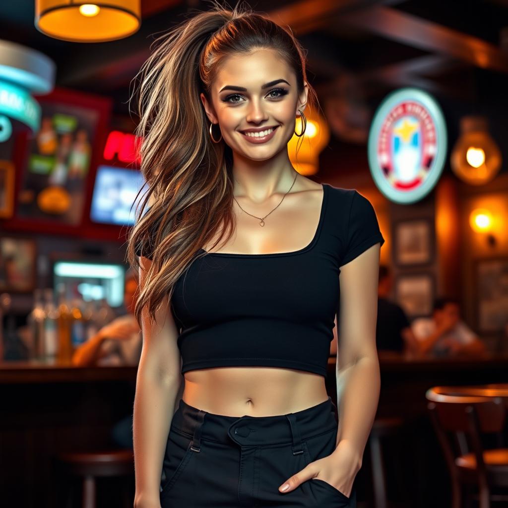 A beautiful woman with long hair styled in a ponytail, showcasing her radiant smile and beautiful eyes